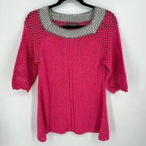 Wooden Ships Womens Open Knit Sweater Size M/L Pink Gray Boho Barbie 3/4 Sleeve